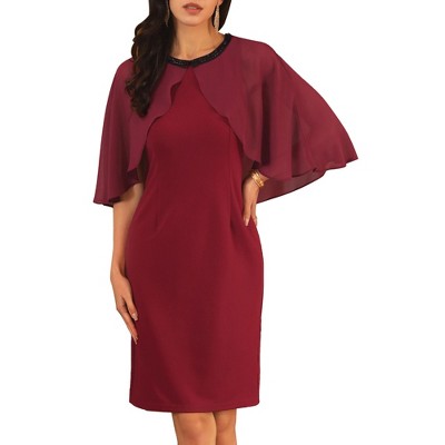 INSPIRE CHIC Women's Wedding Guest Beaded Crewneck Cocktail Chiffon Cape Dress