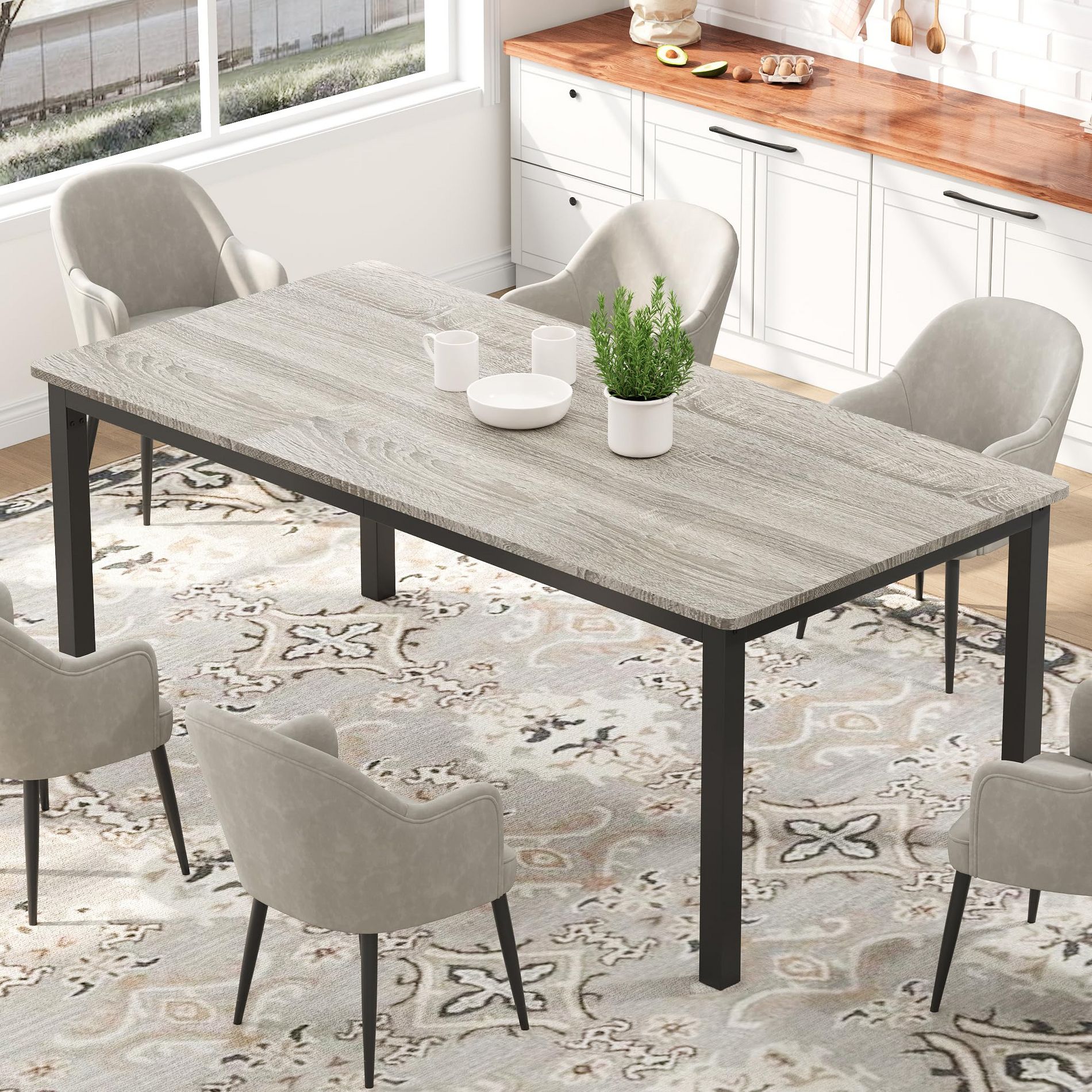 70.9 Inch Long Dining Table for 6-8 People, Large Rectangle Kitchen Table with Sturdy Metal Legs, Industrial Dining Room Table with Round Corner