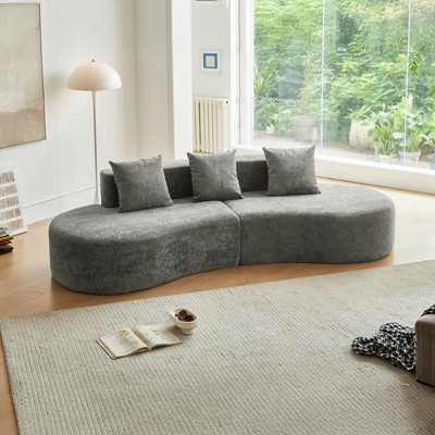Aukfa Curved Velvet Sectional Sofa - 5 Seater L Shape Sofa , Suitable for Living Room, Apartment, Home Decor, Beige & Orange & Grey