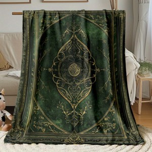 1pc Dark Green Ornate Book Design Flannel Throw Blanket, Elegant Digital Printing with Intricate Patterns, Christmas Gift. - 1 of 4
