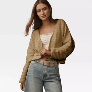 Womens Cardigan Sweater Knit Cropped Open Front Strip Rib Textured Cardigan with Curved Hem Trendy Sweater Cardigan Knit Shrugs - 1 of 4