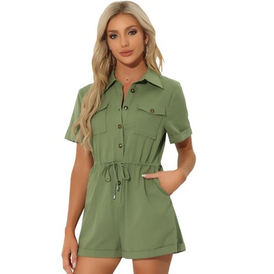 Allegra K Women's Casual Lapel Collared Two Pockets Shorts Romper Jumpsuit  Army Green Small