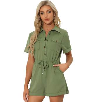 Allegra K Women's Casual Lapel Collared Two Pockets Shorts Romper Jumpsuit