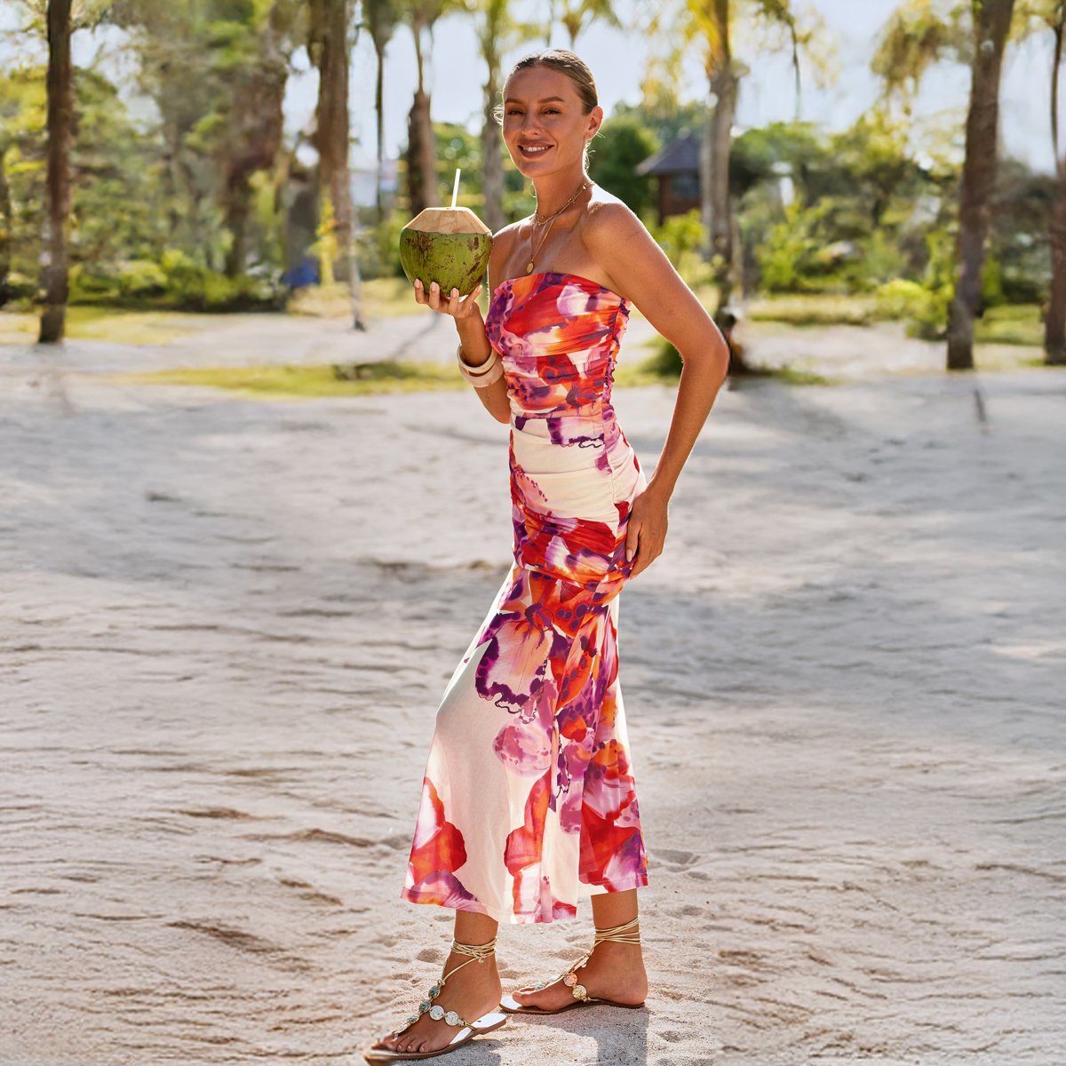 Женские платья Cupshe Women's Strapless Maxi Dress with Vibrant Floral Print-L-Pink — фото 5