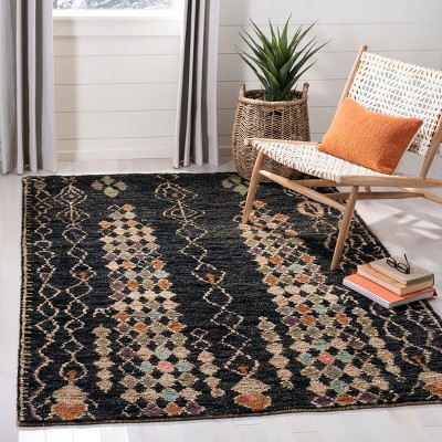 Bohemian Black and Beige Hand-Knotted Jute Area Rug 5' x 8'