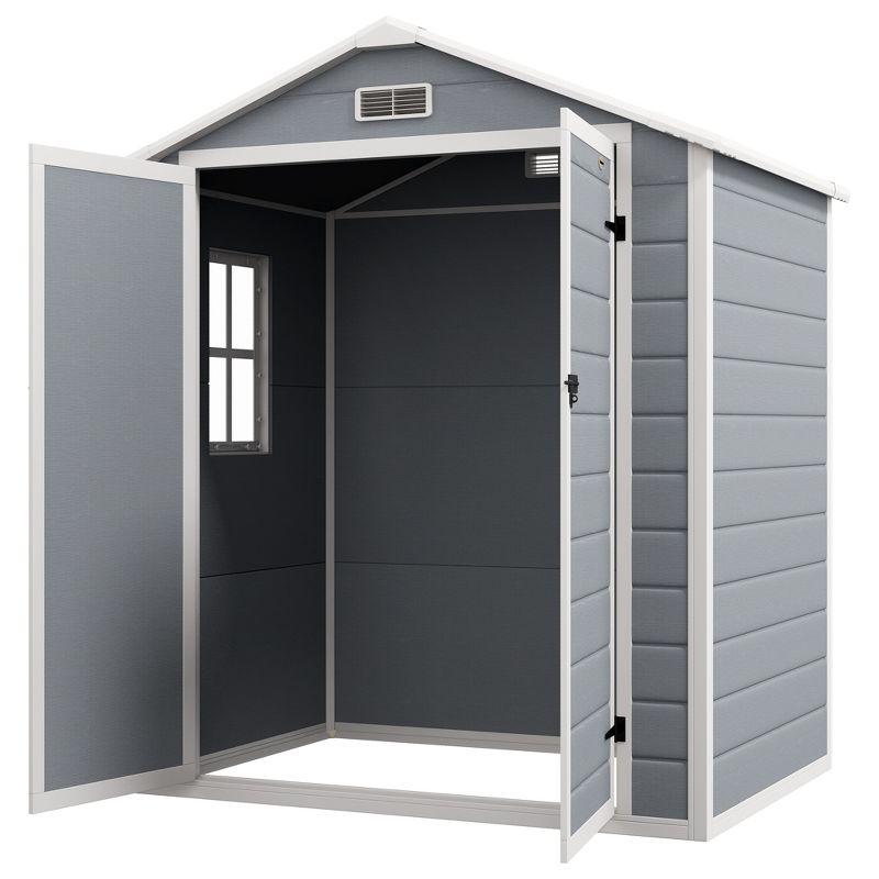 Outsunny Outdoor Storage Shed, 72" x 52.75" Garden Shed with Double Lockable Doors, Vent and Window, Plastic Utility Tool Shed, Gray, 4 of 7