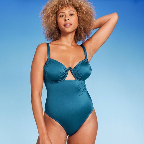 Women's Shirred Cup Underwire High Leg One Piece Swimsuit - Shade & Shore™  Blue Shine 38dd : Target