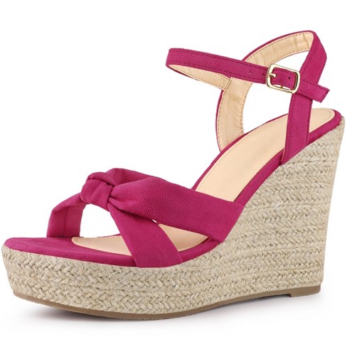 Women Neon Pink Ankle Strap Wedge Sandals, Fabric Funky Sandals