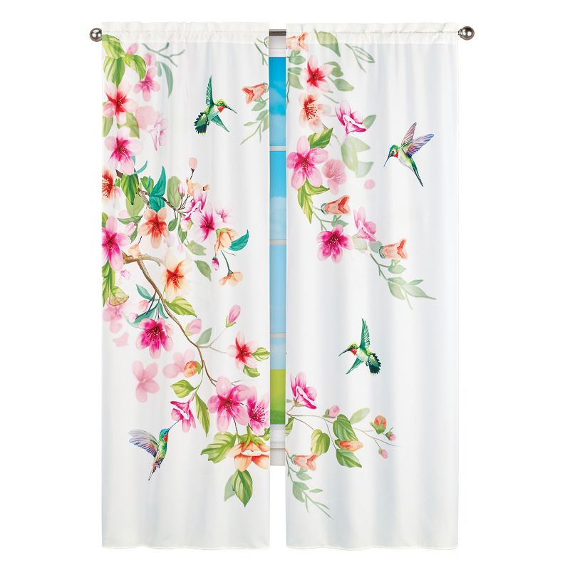 Collections Etc Vibrant Hummingbird Floral Scene Printed Curtain Set 34" WIDE, 1 of 3