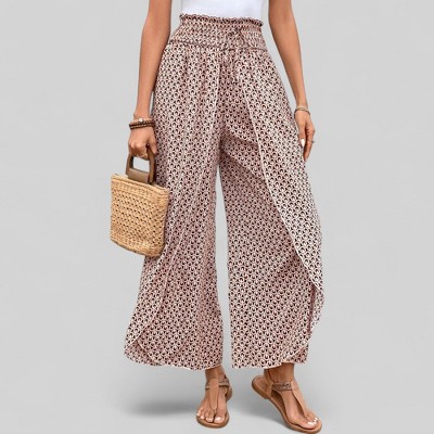 Amaryllis Women’s Smocked Waist Split Front Wide Leg Pants Abstract Geo Print Breezy Pull-On Pants