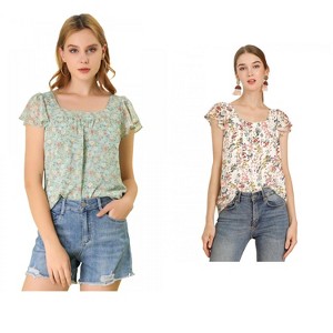 Allegra K Women's Chiffon Ruffle Sleeve Square Neck Floral Print Blouse 2 Pcs - 1 of 4