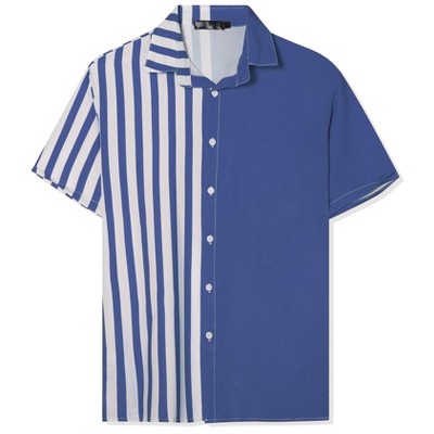 INSPIRE CHIC Men's Striped Patchwork Short Sleeved Color Block Summer Beach Shirt