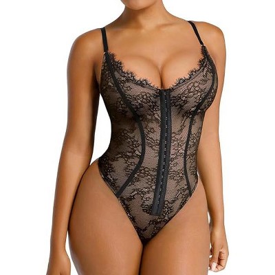 SHAPELLX Lace Bodysuit for Women Tummy Control Shapewear Backless Body Suits One Piece Body Shaper Thongs—Black 38
