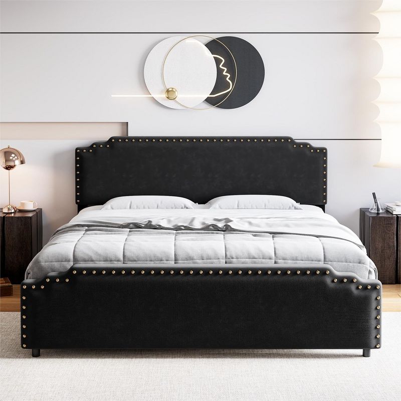 Velvet Upholstered Platform Bed Frame with Rivet Decor Headboard, 3 of 8