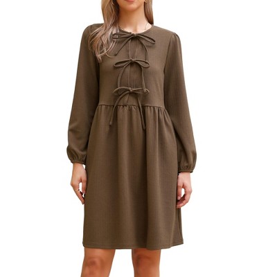 INSPIRE CHIC Women's Casual Long Sleeve Self Tie Bow Cute Tunic Fall Babydoll Dress