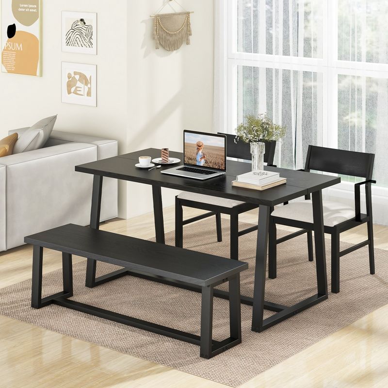 Costway 4 Pieces Dining Table Set Kitchen Table with 2 Armchairs & 1 Bench for 4 Coffee/Black, 4 of 9