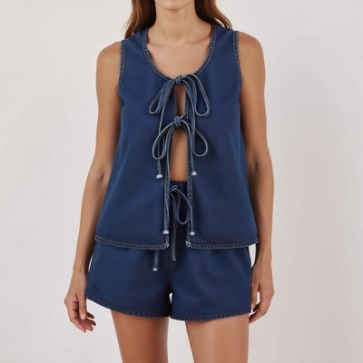 Knit & Lounge Women’s Sleeveless Denim Vest Tie Front Open Design Scoop Neck Relaxed Fit