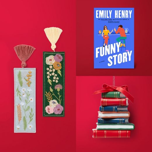 Funny Story by Emily Henry, Two victorian style bookmarks and a stack of books ornament