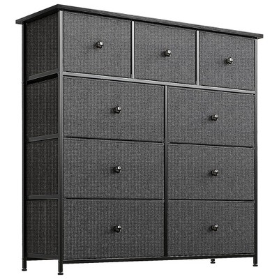 Image of REAHOME 9 Fabric Drawer Steel Frame Bedroom Storage Organizer Chest Dresser w/Waterproof Top, Adjustable Feet, and Wall Safety Attachment, Black/Gray