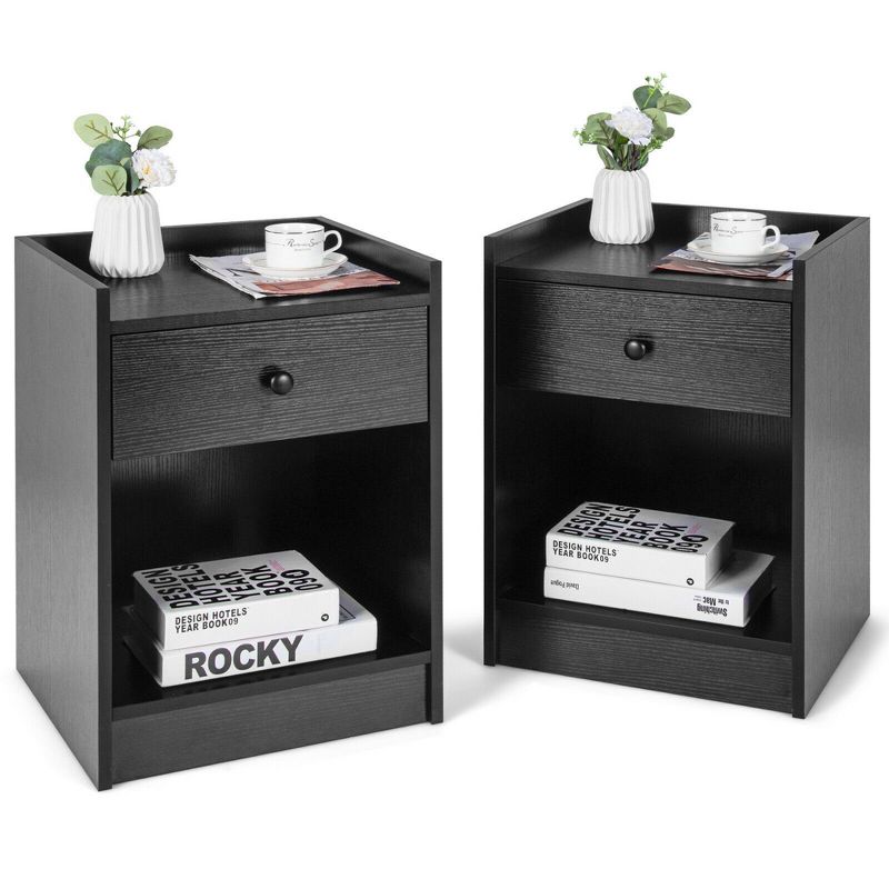 Costway Set of 2 Nightstand with Drawer Cabinet End Side Table Raised Top, 1 of 13