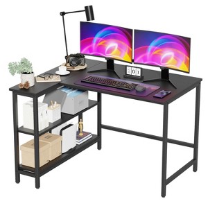 FDW 43 Inch L-Shaped Desk for Gaming & Study with Metal Frame & Storage Shelves​, Black - 1 of 4