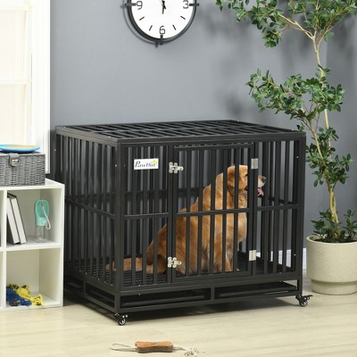 Heavy Duty Black Steel Rolling Dog Crate with Lockable Wheels
