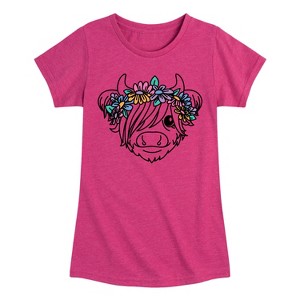 Girls' - Instant Message - Highland Cow Flower Crown Fitted Short Sleeve Graphic T-Shirt - 1 of 4