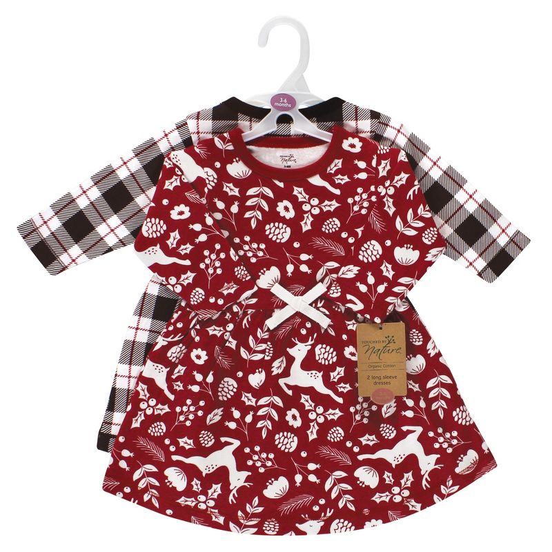Touched by Nature Infant and Toddler Girl Organic Cotton Long-Sleeve Dresses, Red Winter Folk, 2 of 5