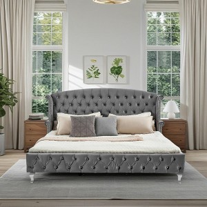 ModernLuxe King Size Bed Frame, Upholstered Velvet Platform Bed with Wingback Headboard, Button-Tufted and Nailhead Trim - 1 of 4