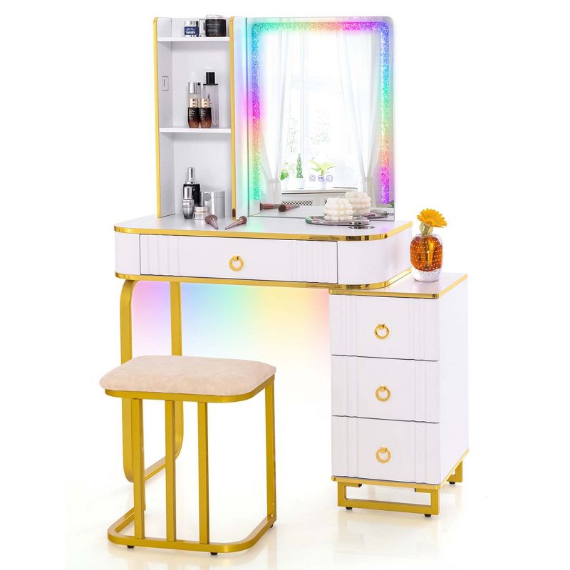 Costway Vanity Table Set with RGB LED Lights Crystal Crush Diamond Mirror Drawers Black/White, 1 of 11