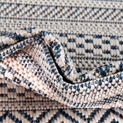Light Blue Oval Striped Synthetic Outdoor Rug