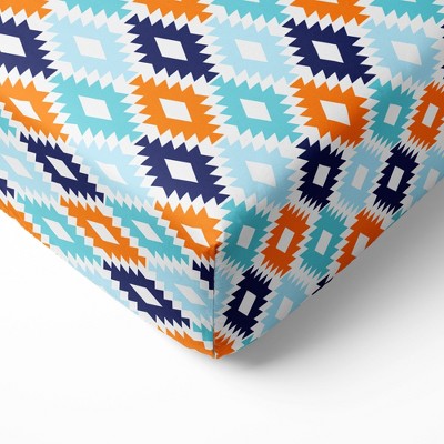 Bacati - Aztec Print Kilim Aqua Orange Navy 100 percent Cotton Universal Baby US Standard Crib or Toddler Bed Fitted Sheet