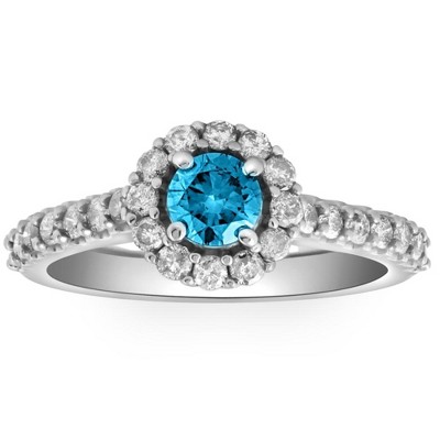 Pompeii3 1 3/8ct Lab Created Blue Diamond Halo Engagement Ring Solid 14K White Gold
