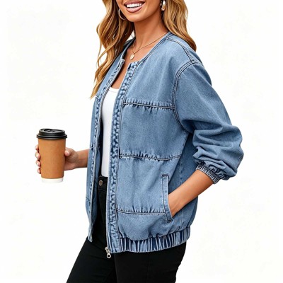 Женские куртки YesFashion Women's Casual Round Neck Denim Jacket, Zip Up Loose Fit Bomber Outerwear Coat Dark blue S — фото 2