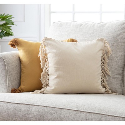 Chanasya Natural Cotton Creme Golden Throw Pillow Covers with Fringe & Tassel - 2-Piece Set - 18" x 18"