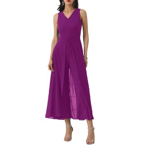 INSPIRE CHIC Women's V-neck Sleeveless Wide Leg Chiffon Cocktail Jumpsuits - 1 of 4