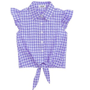 Clearlove Girls Sleeveless Plaid Button Down Shirt Summer Cropped Top with Tie Waist and Ruffled Hem Cute Casual Blouse Purple 120 - 1 of 4