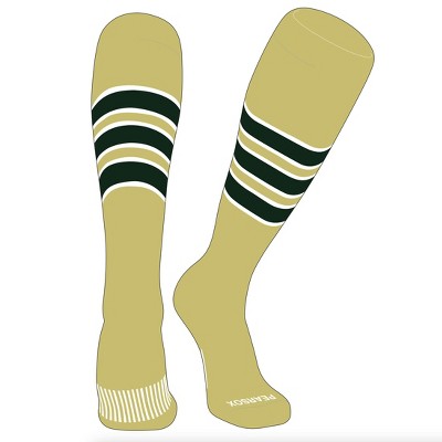 PEAR SOX Striped OTC Baseball, Softball, Football Socks (C) Vegas Gold, White, Forest Green