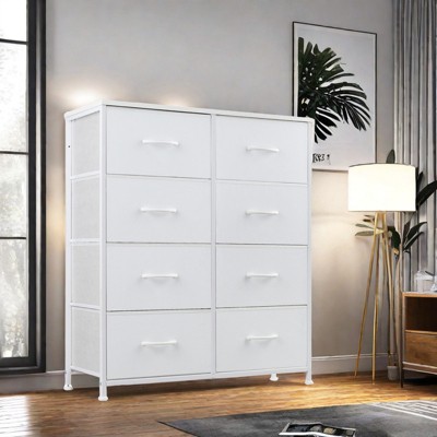 GlasFlength Decorative Storage Cabinets Tall Dresser Fabric Storage Tower ,8 Drawers Wood Top for Kid Room, Nursery, White 31.4"*11.8"*36.3"