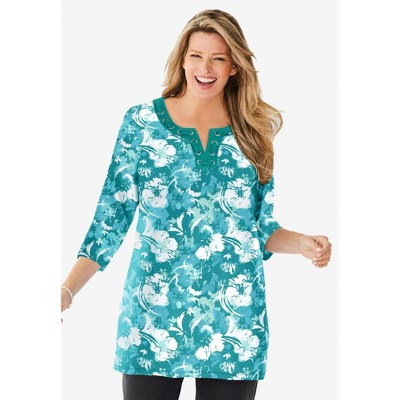 Woman Within Plus Size 7-Day Three-Quarter Sleeve Grommet Notch Tunic