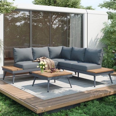 4 Piece Outdoor V Shaped Aluminum Patio Sectional Sofa Set with Side Tables and Coffee Table for Deck Garden Balcony or Poolside-Maison Boucle
