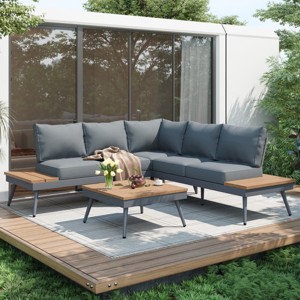 4 Piece Outdoor V Shaped Aluminum Patio Sectional Sofa Set with Side Tables and Coffee Table for Deck Garden Balcony or Poolside-Maison Boucle - 1 of 4