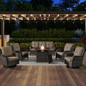 6 Pieces Brown Wicker Patio Furniture Set with Propane Fire Pit Table, All Weather Wicker Patio Set with Square Fire Pit Table and Swivel Patio Chair - 1 of 4