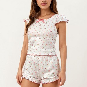 Anna-Kaci Lounge Women's Floral Print Short Sleeve Sleepwear Set with Ruffled Hem and Contrast Trim - 1 of 4