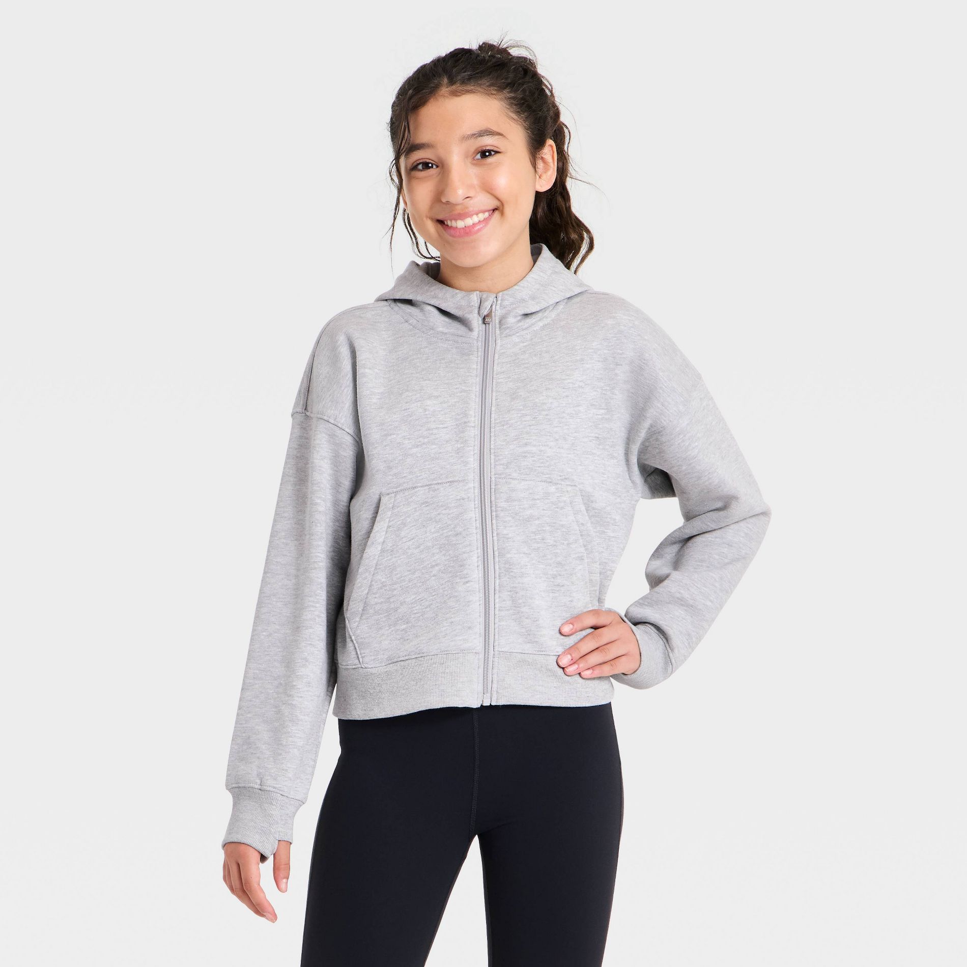 Girl's Active Comfort Fleece Long Sleeve Hooded Zip-Up Sweatshirt - All in Motion™