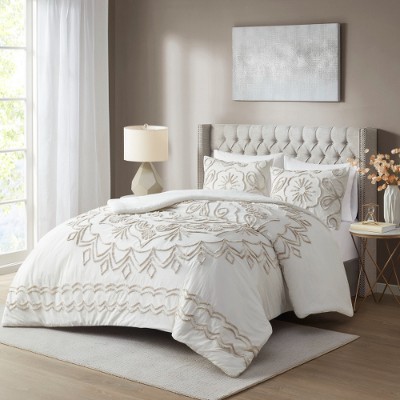 Lyngins 3-Piece Tufted Cotton Chenille Ivory & Taupe Comforter Set, Global Inspired Bedding Set with Comforter & 2 Shams, Machine Washable Quilt Set