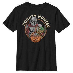 Boy's Star Wars: The Mandalorian Halloween Candy Bounty Hunter Din Djarin and Grogu T-Shirt - 1 of 4