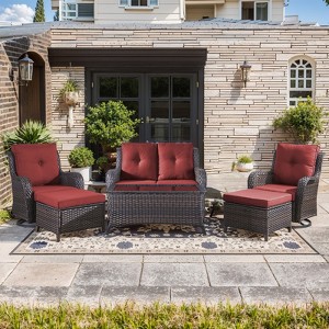 Gymojoy 6 Piece Outdoor Wicker Loveseat Sofa with Patio Swivel Glider Chairs with Coffee Table and Ottoman Sets - 1 of 4
