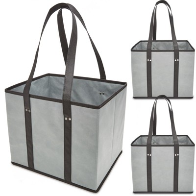 Cottage Creek Farms 3 Pack Reusable Grocery Shopping Bags, Collapsible Utility Tote Boxes, Grey 13x10x11 In