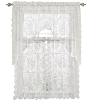 White Lace Floral Sheer Kitchen Window Tier Curtain Set
